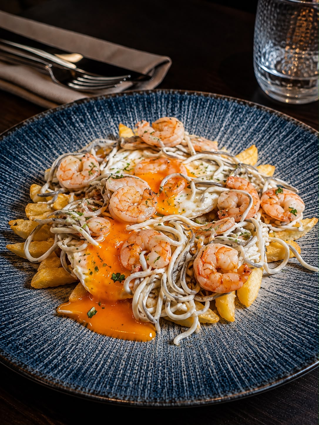 Huevos rotos con gambas y gulas
